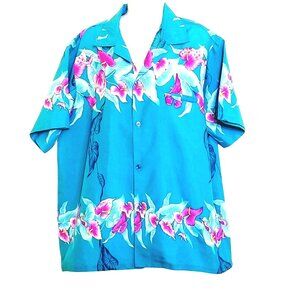 Helenas Hawaii Vintage Womens Top XL Hibiscus Print Blue Short Sleeve Button